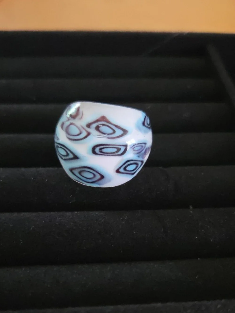 Glass Dome Statement Ring with Black, Blue Geometric Pattern Sz 7